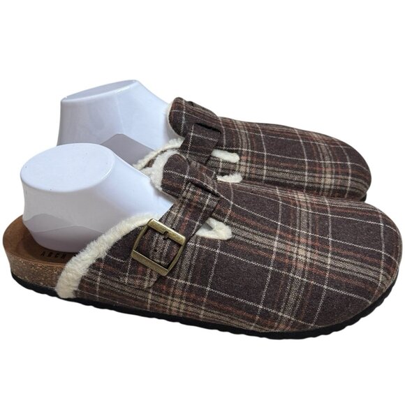 NWOT Fitory Plaid Mule Slip Ons Cork Footbed Cozy Cabincore Holiday Women’s 12 - Picture 4 of 9
